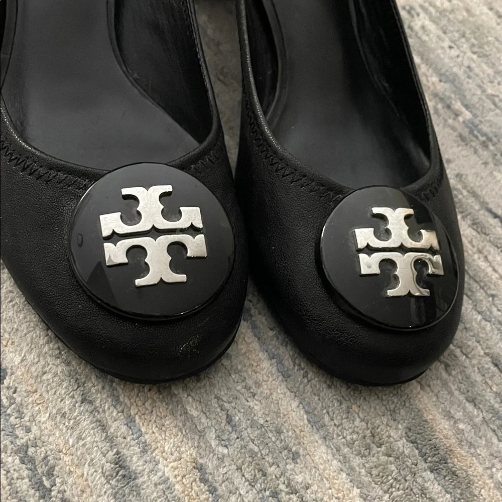 Tory Burch Black Leather Heels with Silver Accent - Picture 3 of 9